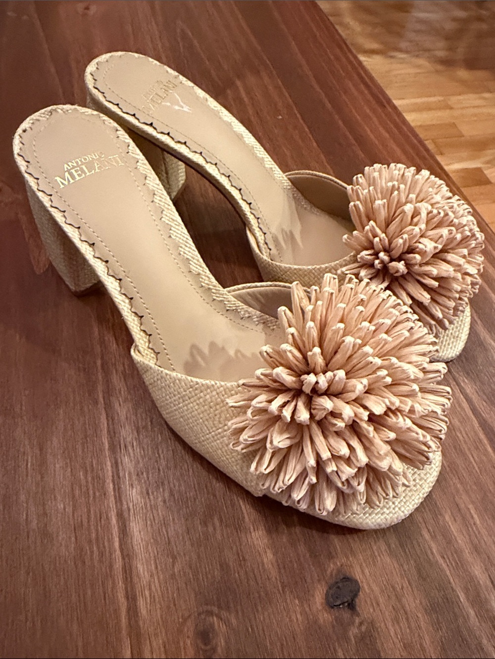 ANTONIO MELANI Beige Raffia Pom-Pom Mule Heels